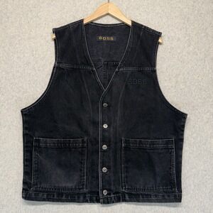 Vintage‎ BOSS Hugo Boss Black Denim Vest Embroidered Logo Made USA Size XL